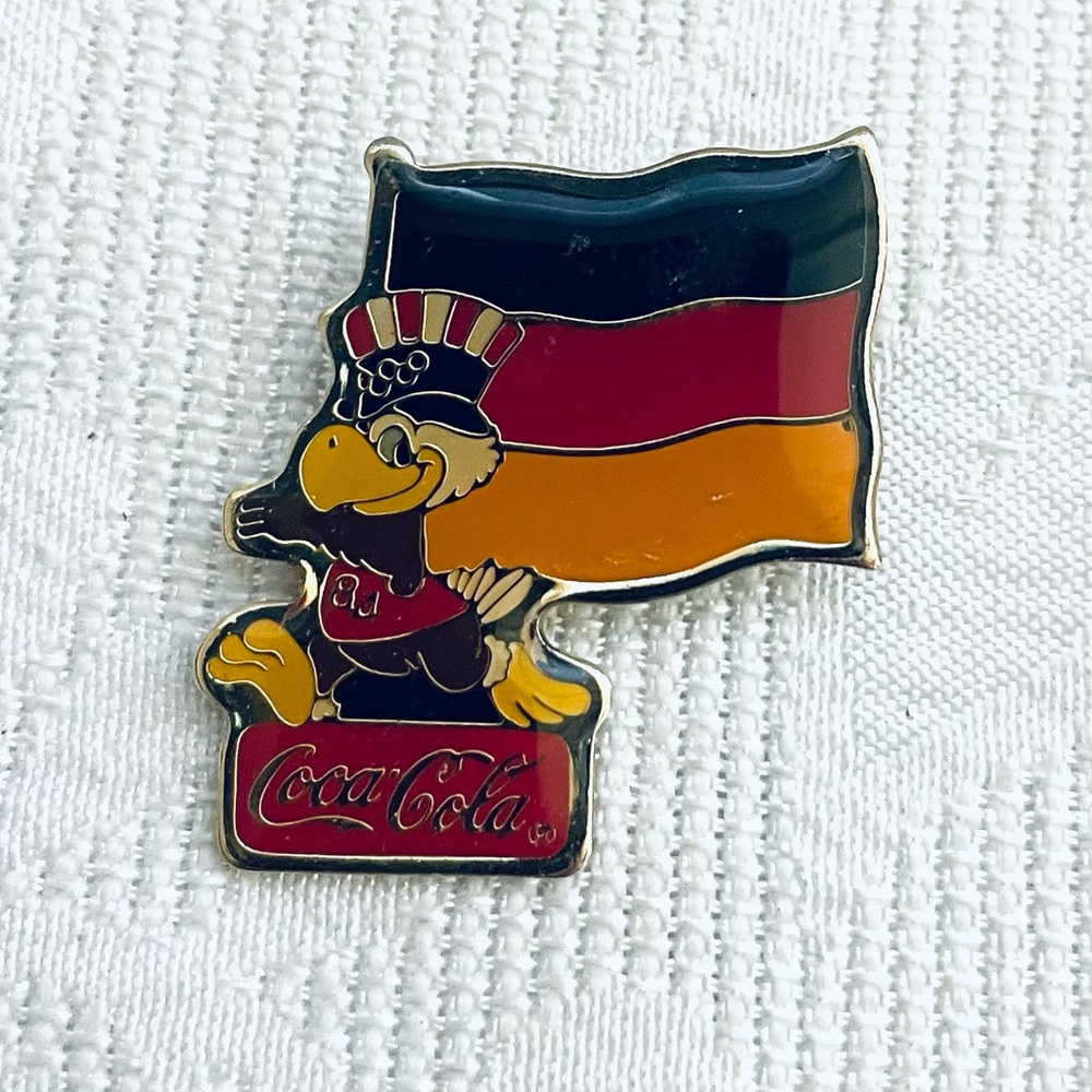 Vtg WEST GERMANY flag pin Coca Cola 1980 Sam the Eagle Los Angeles Olympics